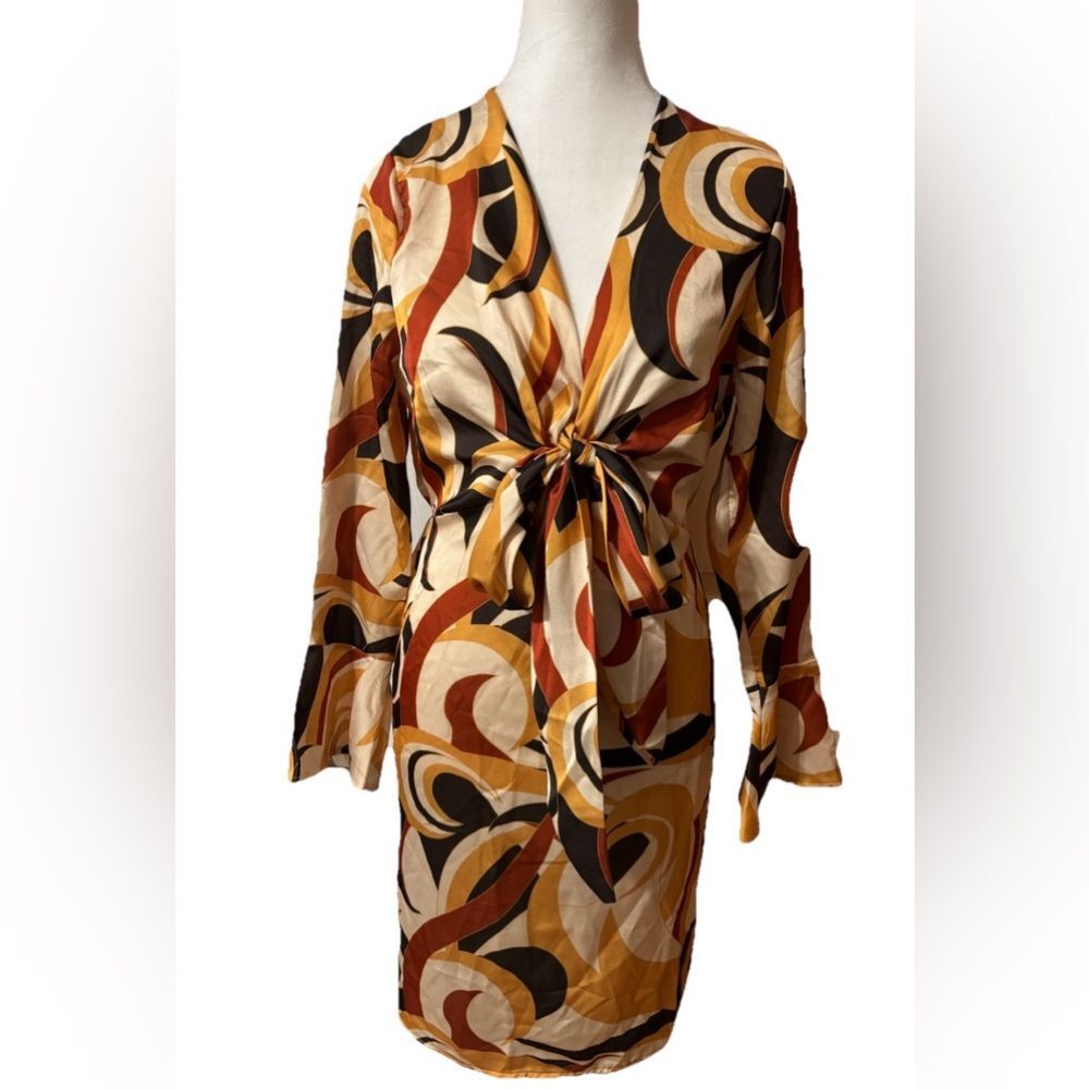 Boohoo BodyCon Dress Size 4 Bell Sleeves Tan Brown Party Club Vacation